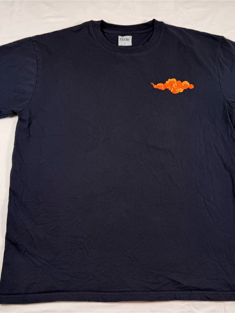 NUDE Men's Dark Blue Crewneck Tee with Bright Orange Chest Motif